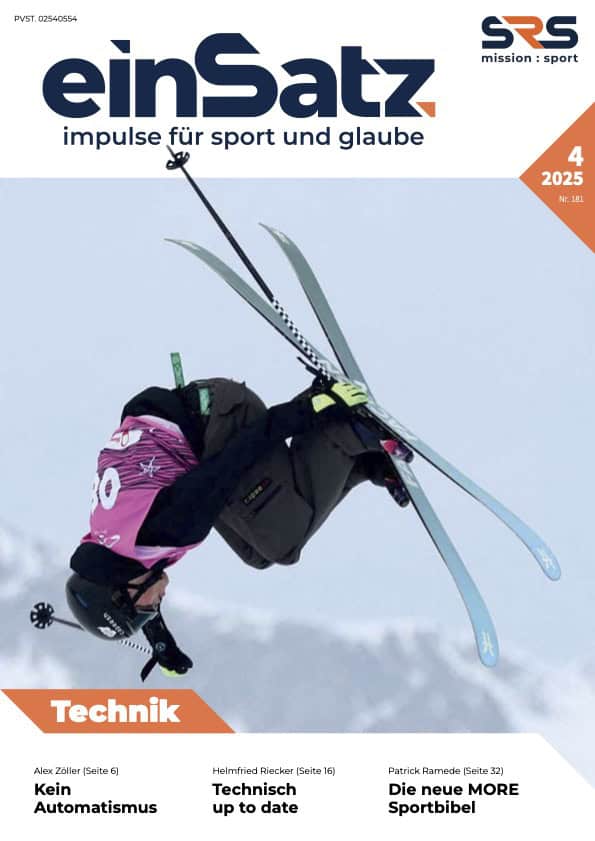 Sport- und Glaubensmagazin einSatz mit Skifahrer im Schnee.